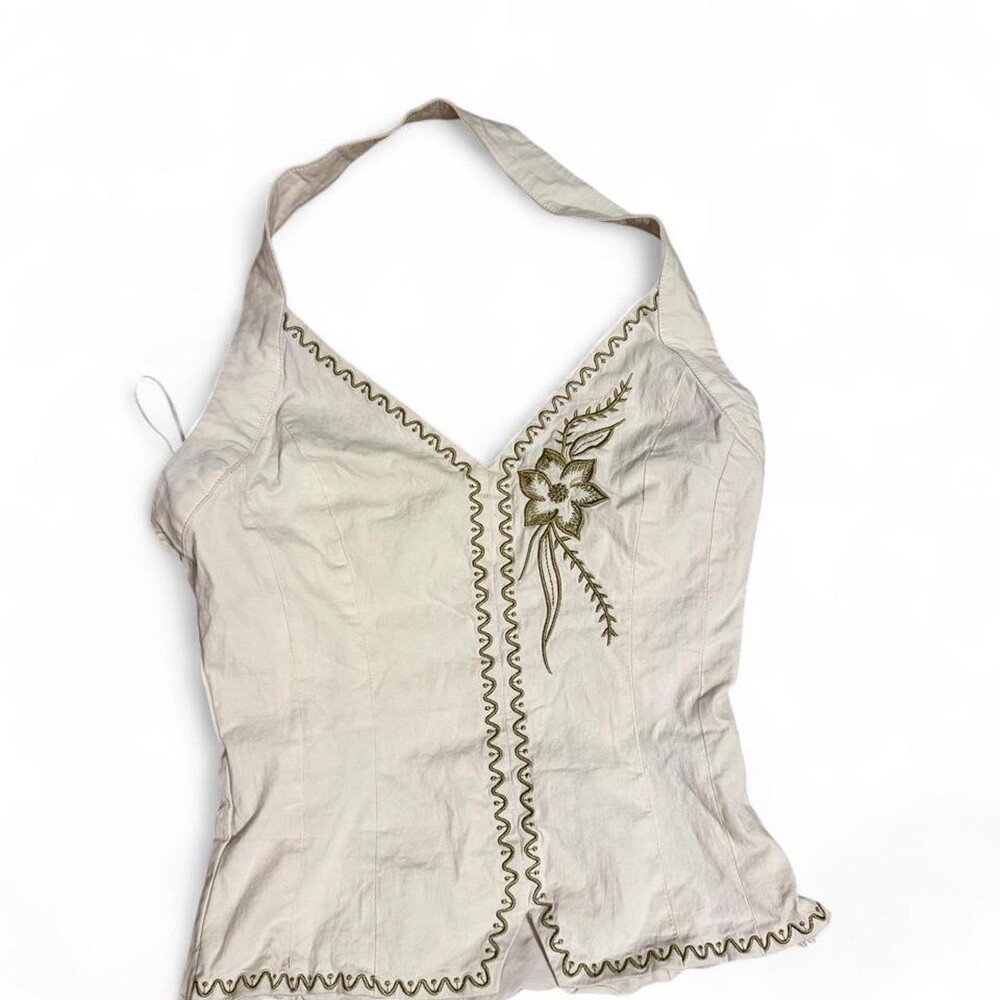 Princess Polly white halter top with green floral embroidery